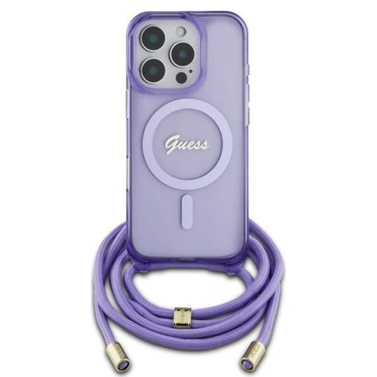 Husa MagSafe pentru Apple iPhone 16 Pro, Guess, IML Crossbody Cord Script, Mov