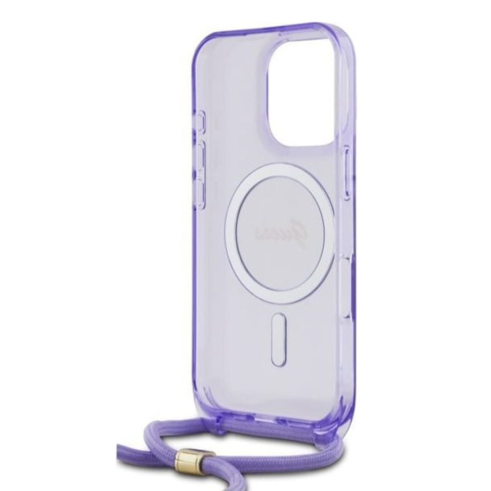 Husa MagSafe pentru Apple iPhone 16 Pro, Guess, IML Crossbody Cord Script, Mov