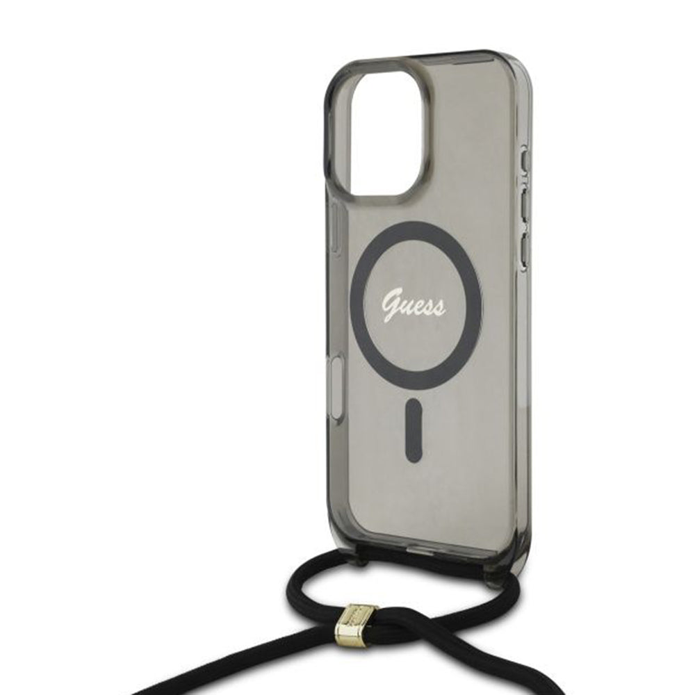 Husa MagSafe pentru Apple iPhone 16 Pro, Guess, IML Crossbody Cord Script, Neagra