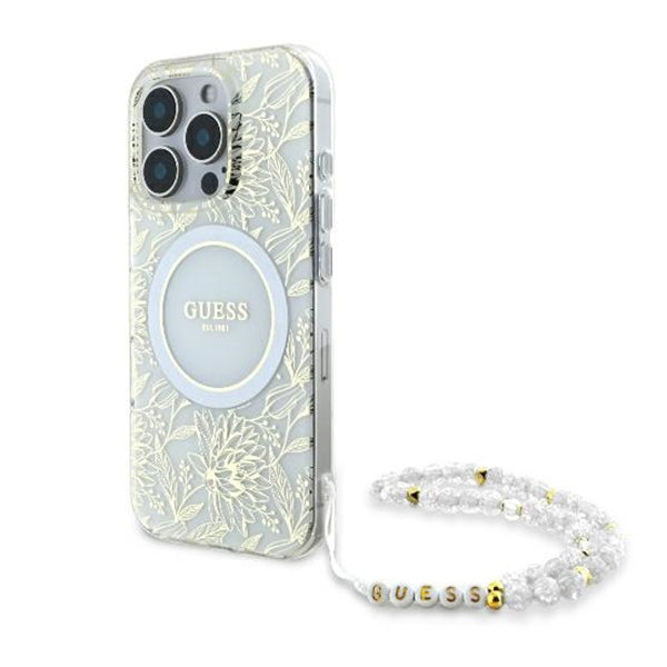 Husa MagSafe pentru Apple iPhone 16 Pro, Guess, IML Flowers Allover Electroplated with Pearl Strap, Alba