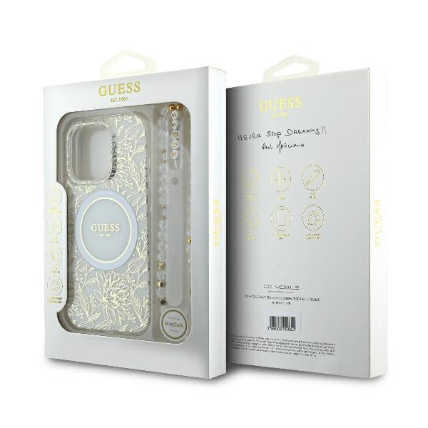 Husa MagSafe pentru Apple iPhone 16 Pro, Guess, IML Flowers Allover Electroplated with Pearl Strap, Alba
