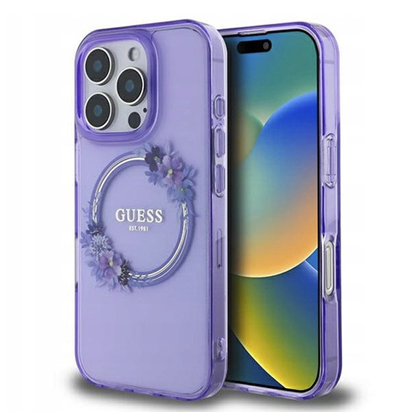 Husa MagSafe pentru Apple iPhone 16 Pro, Guess, IML Flowers Wreath, Mov