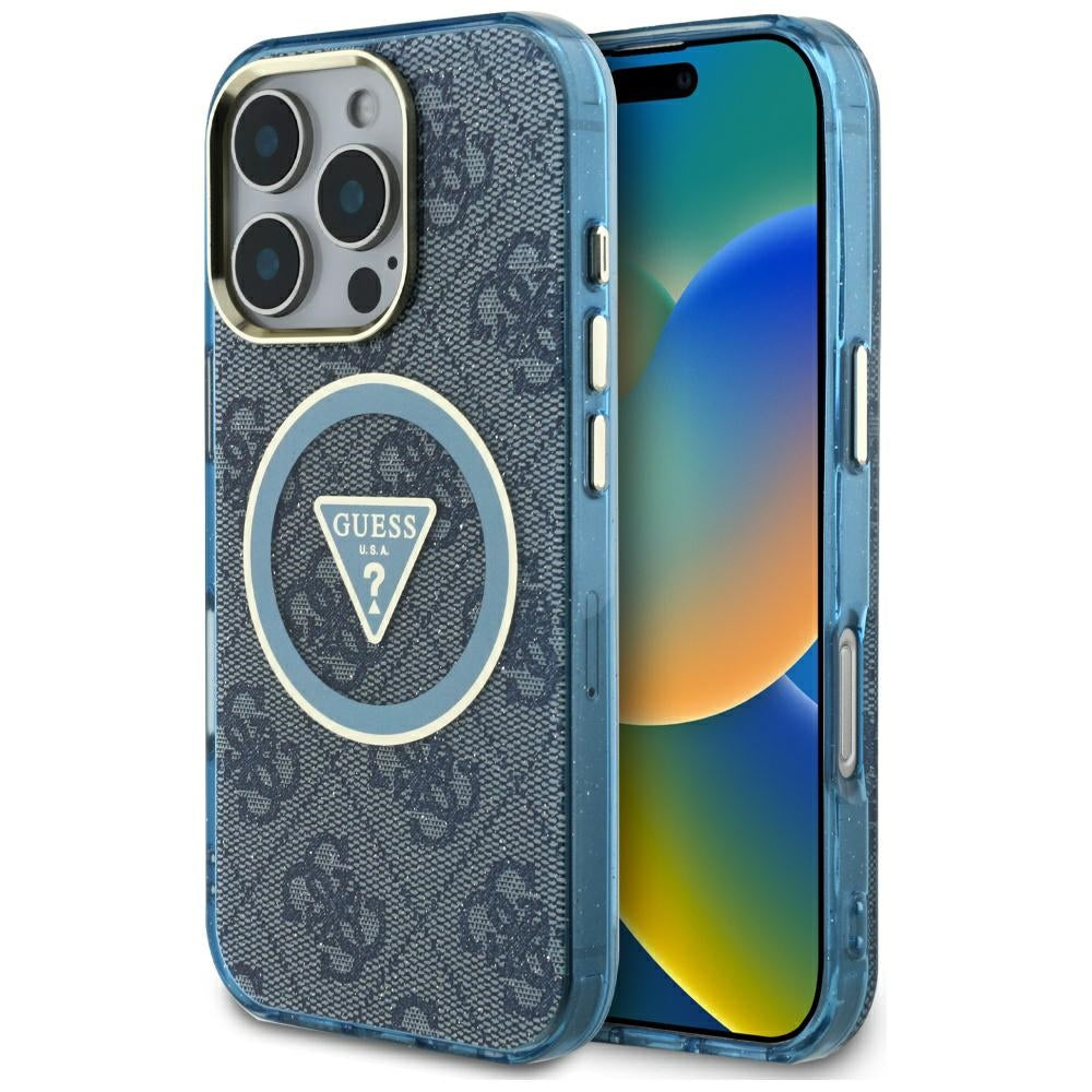 Husa MagSafe pentru Apple iPhone 16 Pro, Guess, IML Glitter 4G Circle Triangle, Albastra