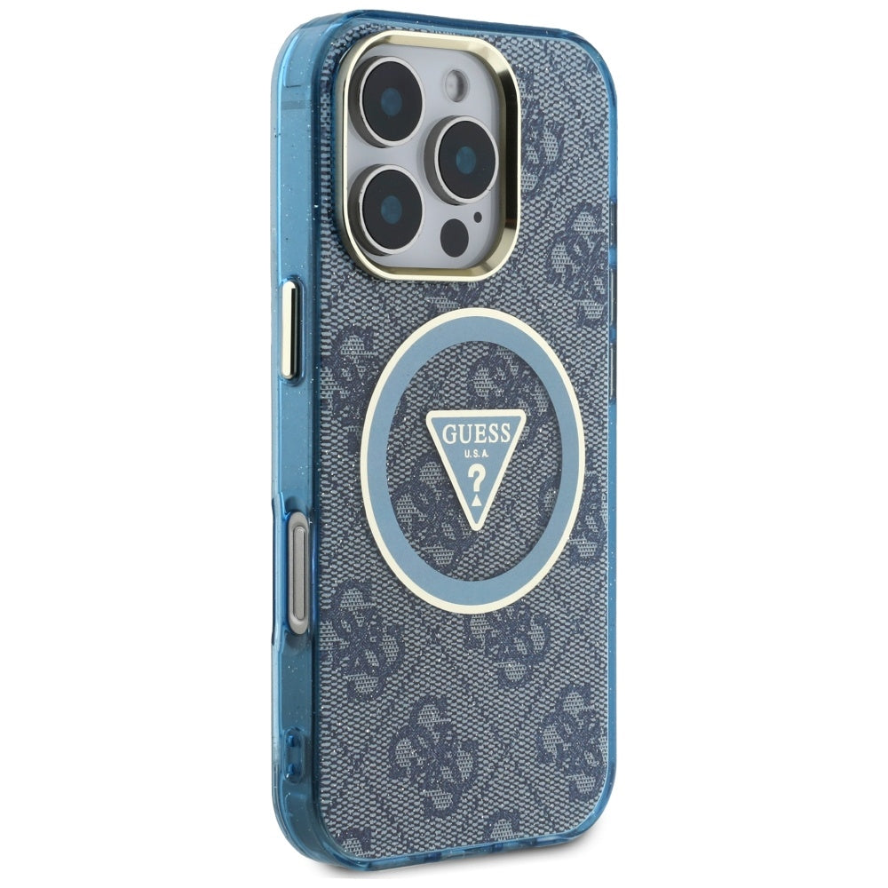 Husa MagSafe pentru Apple iPhone 16 Pro, Guess, IML Glitter 4G Circle Triangle, Albastra
