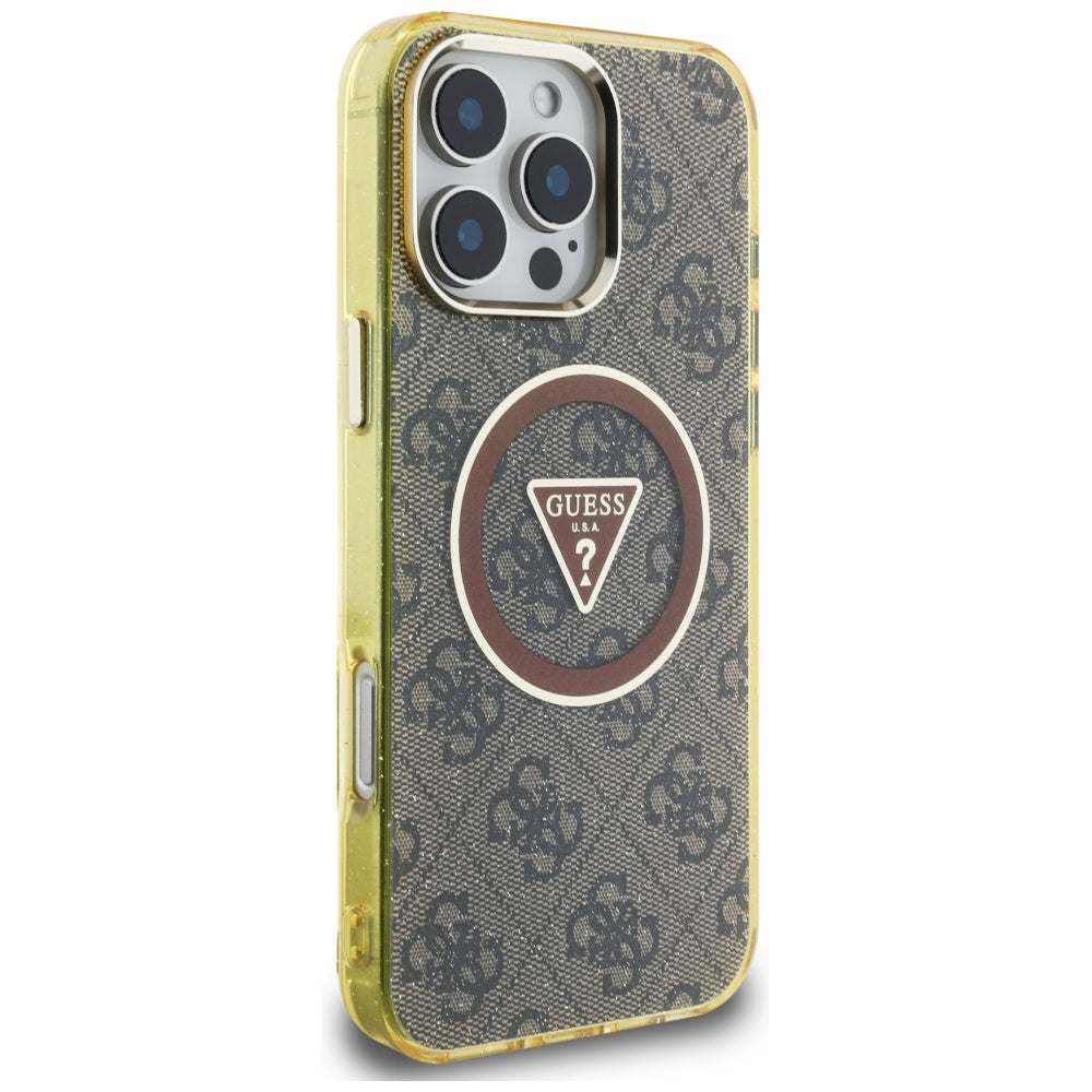 Husa MagSafe pentru Apple iPhone 16 Pro, Guess, IML Glitter 4G Circle Triangle, Maro