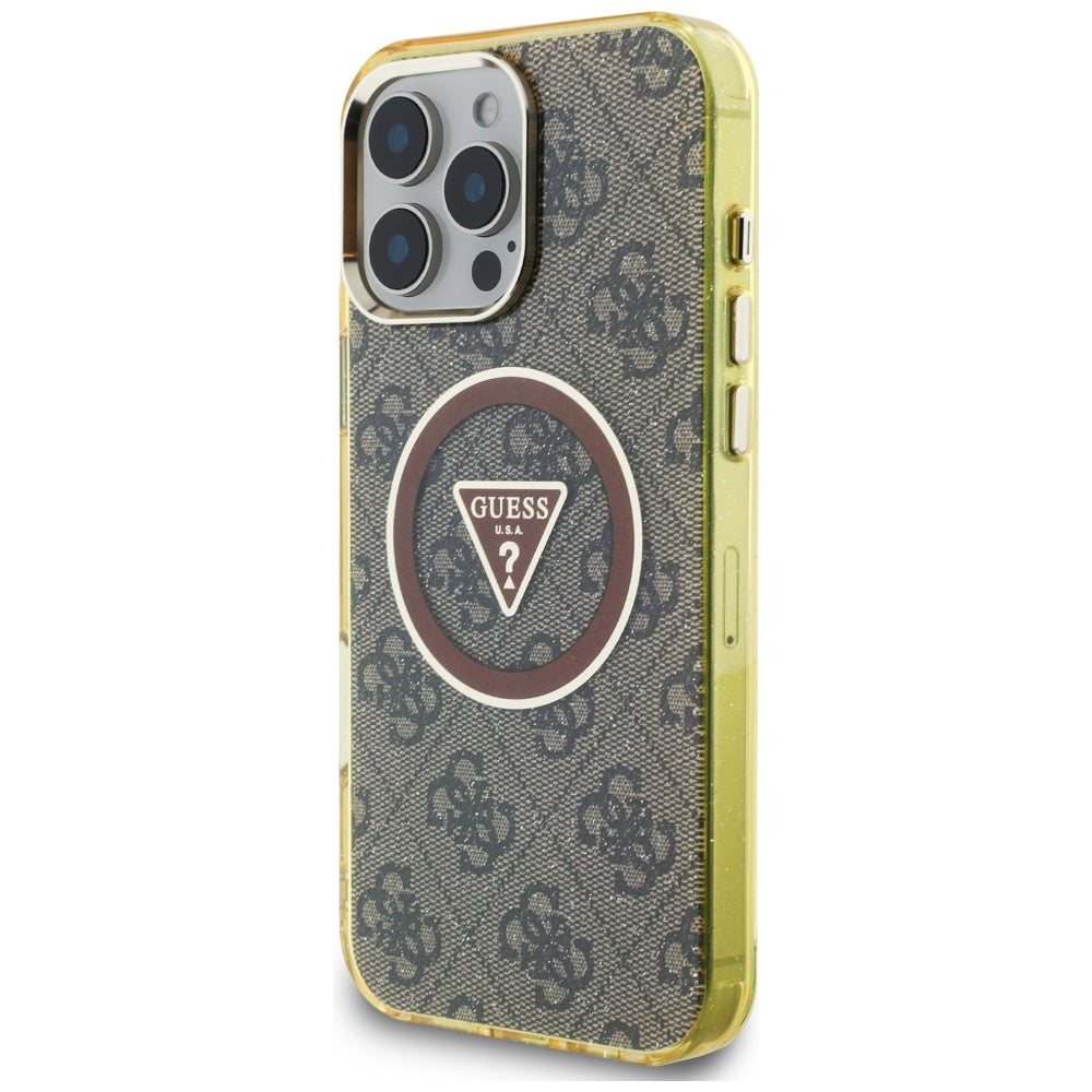 Husa MagSafe pentru Apple iPhone 16 Pro, Guess, IML Glitter 4G Circle Triangle, Maro