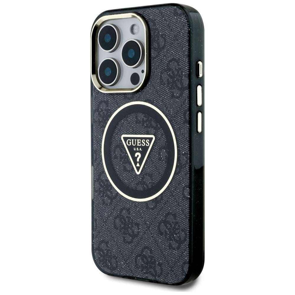 Husa MagSafe pentru Apple iPhone 16 Pro, Guess, IML Glitter 4G Circle Triangle, Neagra