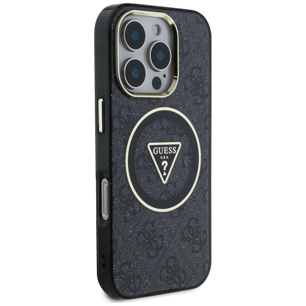 Husa MagSafe pentru Apple iPhone 16 Pro, Guess, IML Glitter 4G Circle Triangle, Neagra