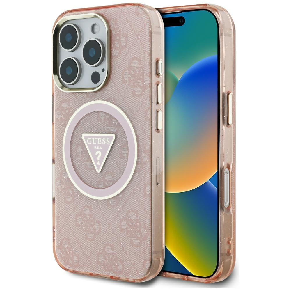 Husa MagSafe pentru Apple iPhone 16 Pro, Guess, IML Glitter 4G Circle Triangle, Roz