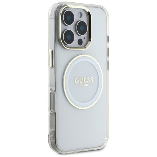 Husa MagSafe pentru Apple iPhone 16 Pro, Guess, IML Metal Colored Circle, Alba