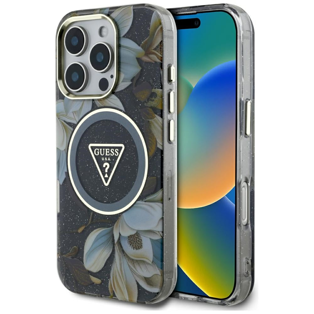 Husa MagSafe pentru Apple iPhone 16 Pro, Guess, IML Metal Glitter Flowers Triangle, Neagra