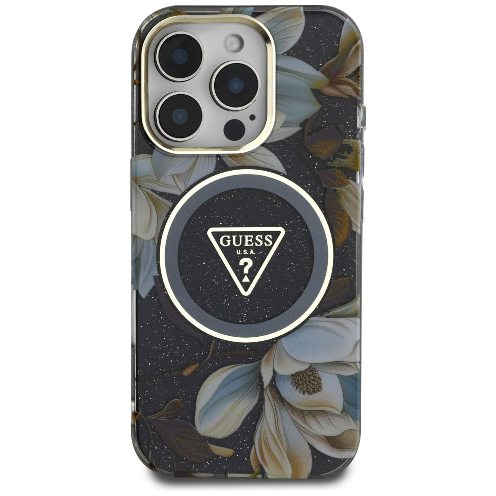 Husa MagSafe pentru Apple iPhone 16 Pro, Guess, IML Metal Glitter Flowers Triangle, Neagra