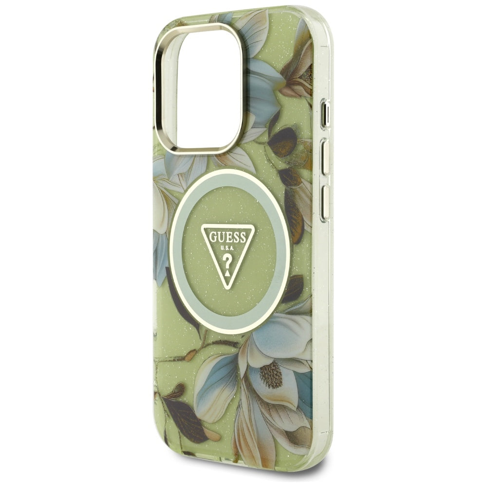 Husa MagSafe pentru Apple iPhone 16 Pro, Guess, IML Metal Glitter Flowers Triangle, Verde