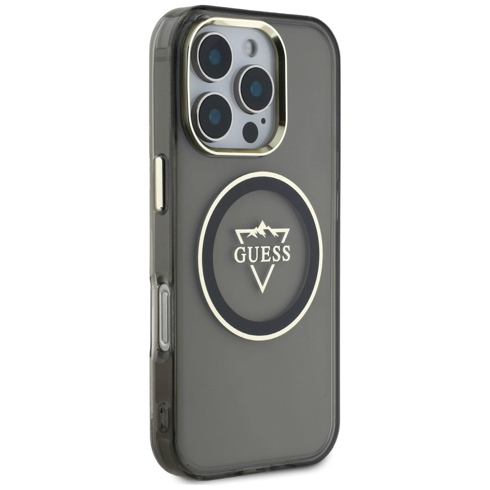 Husa MagSafe pentru Apple iPhone 16 Pro, Guess, IML Metal Mountain Logo, Neagra