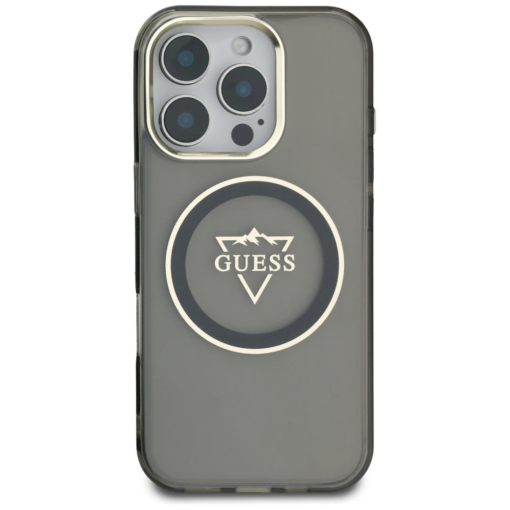 Husa MagSafe pentru Apple iPhone 16 Pro, Guess, IML Metal Mountain Logo, Neagra