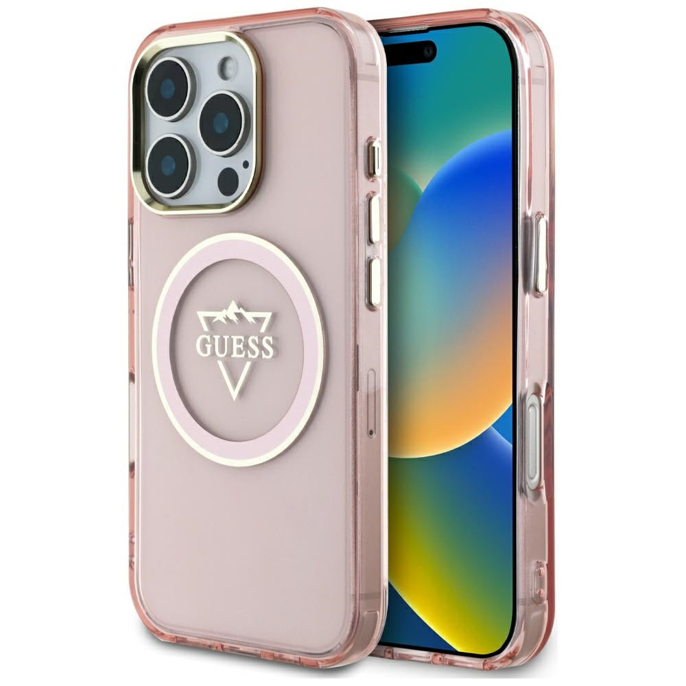 Husa MagSafe pentru Apple iPhone 16 Pro, Guess, IML Metal Mountain Logo, Roz