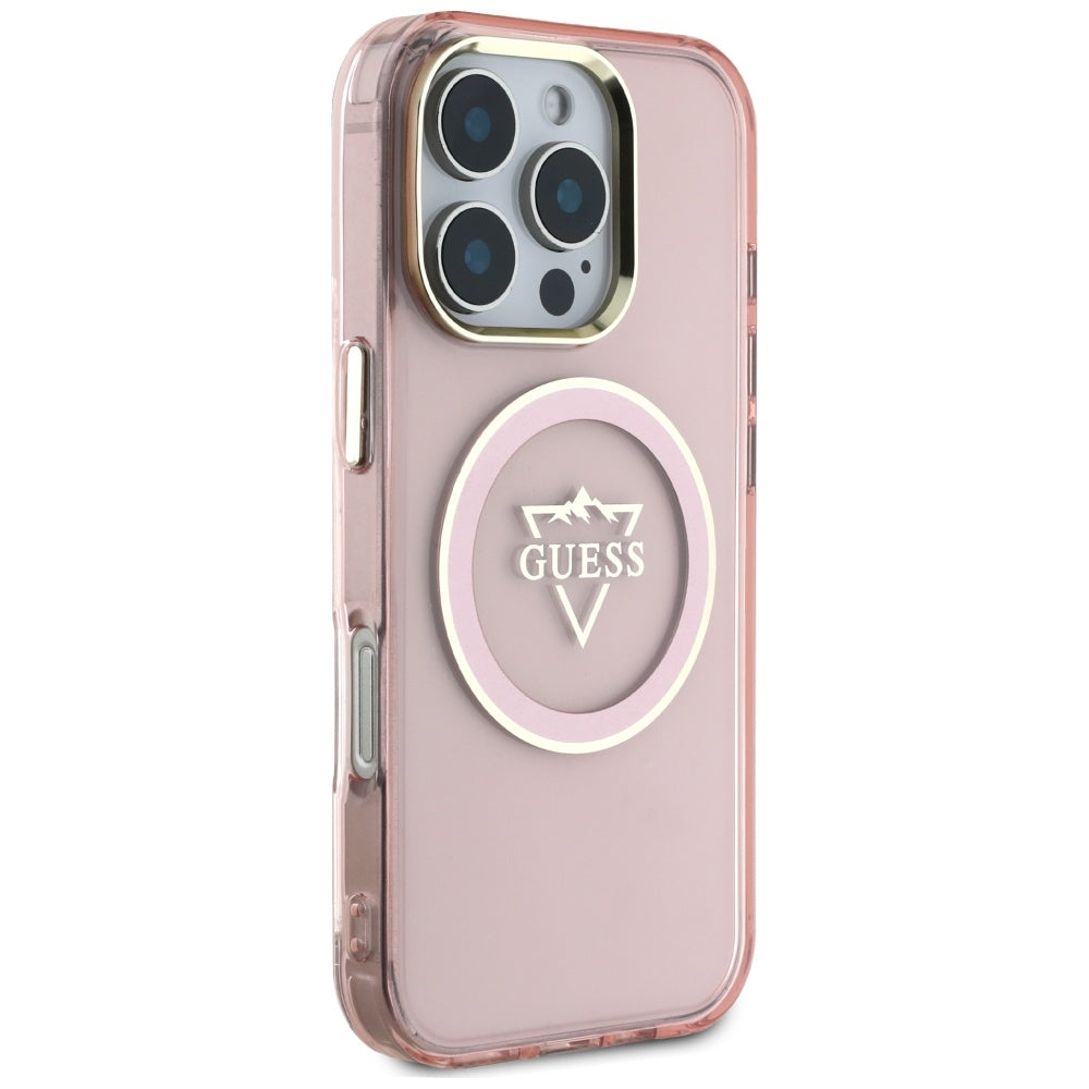 Husa MagSafe pentru Apple iPhone 16 Pro, Guess, IML Metal Mountain Logo, Roz