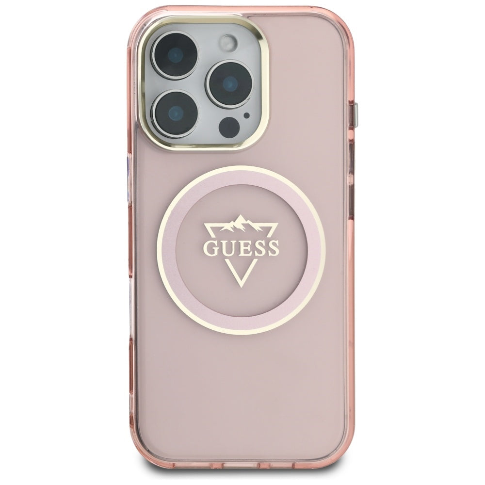 Husa MagSafe pentru Apple iPhone 16 Pro, Guess, IML Metal Mountain Logo, Roz
