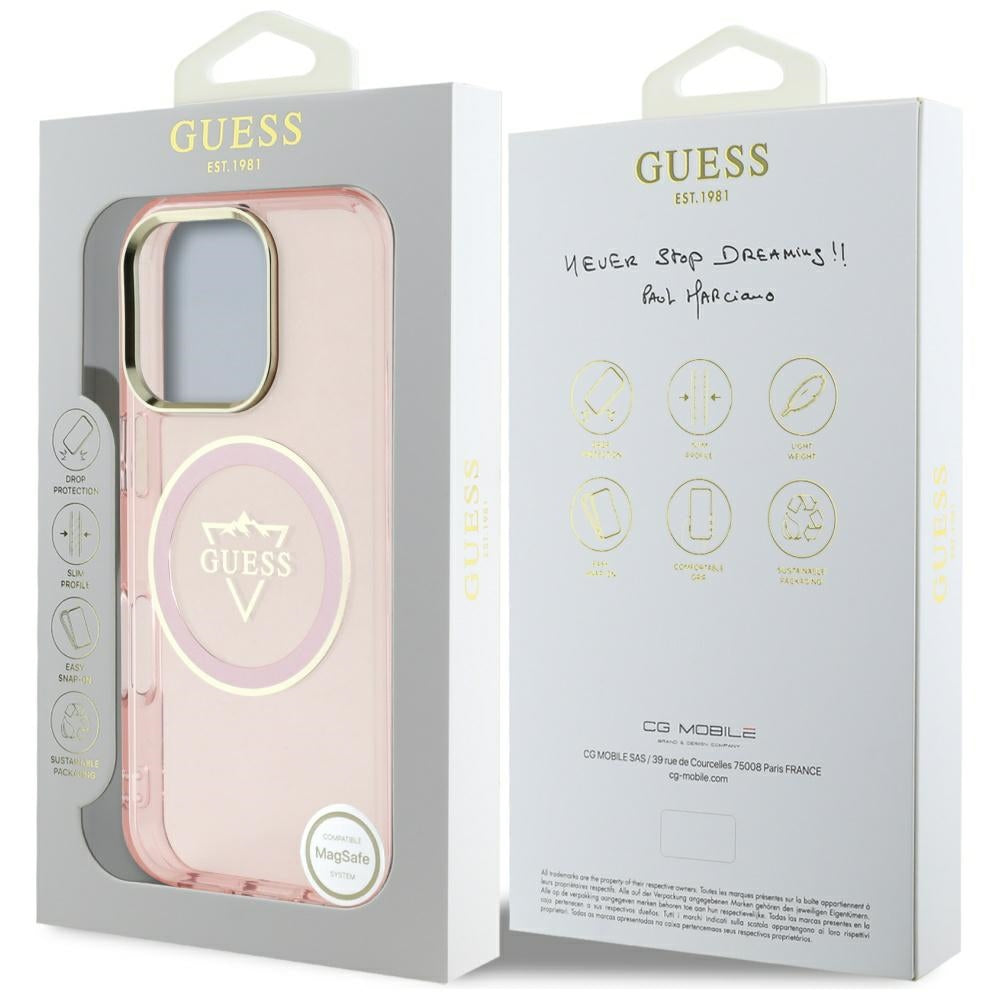 Husa MagSafe pentru Apple iPhone 16 Pro, Guess, IML Metal Mountain Logo, Roz