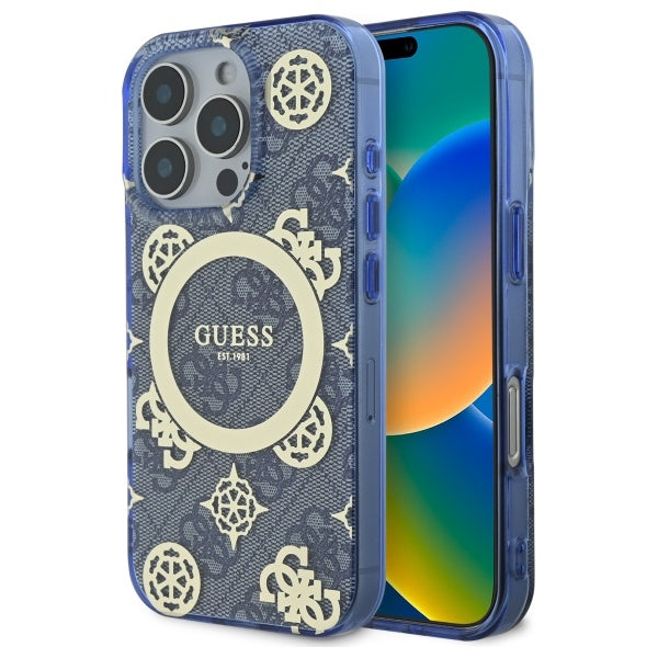Husa MagSafe pentru Apple iPhone 16 Pro, Guess, IML Peony On 4G Background , Albastra