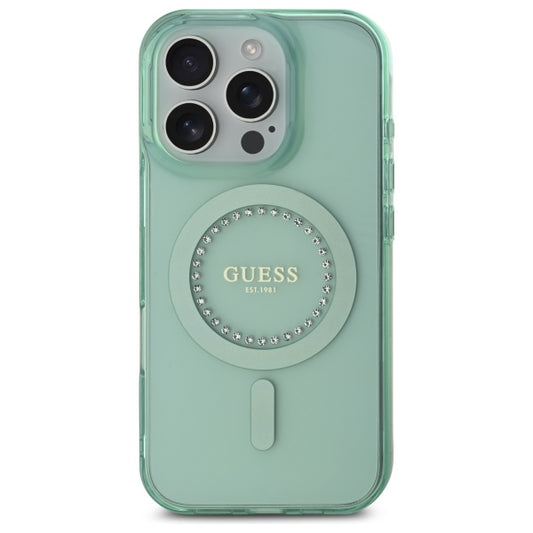 Husa MagSafe pentru Apple iPhone 16 Pro, Guess, IML Rhinestone, Verde