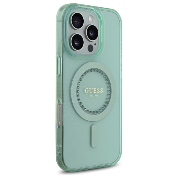 Husa MagSafe pentru Apple iPhone 16 Pro, Guess, IML Rhinestone, Verde