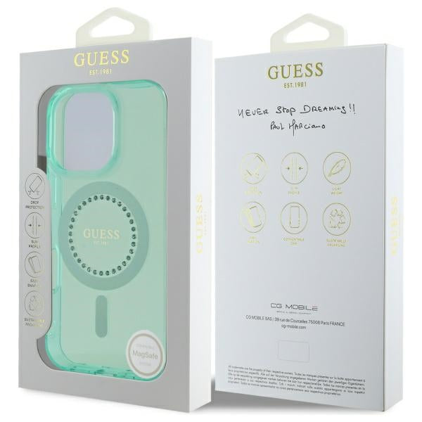 Husa MagSafe pentru Apple iPhone 16 Pro, Guess, IML Rhinestone, Verde
