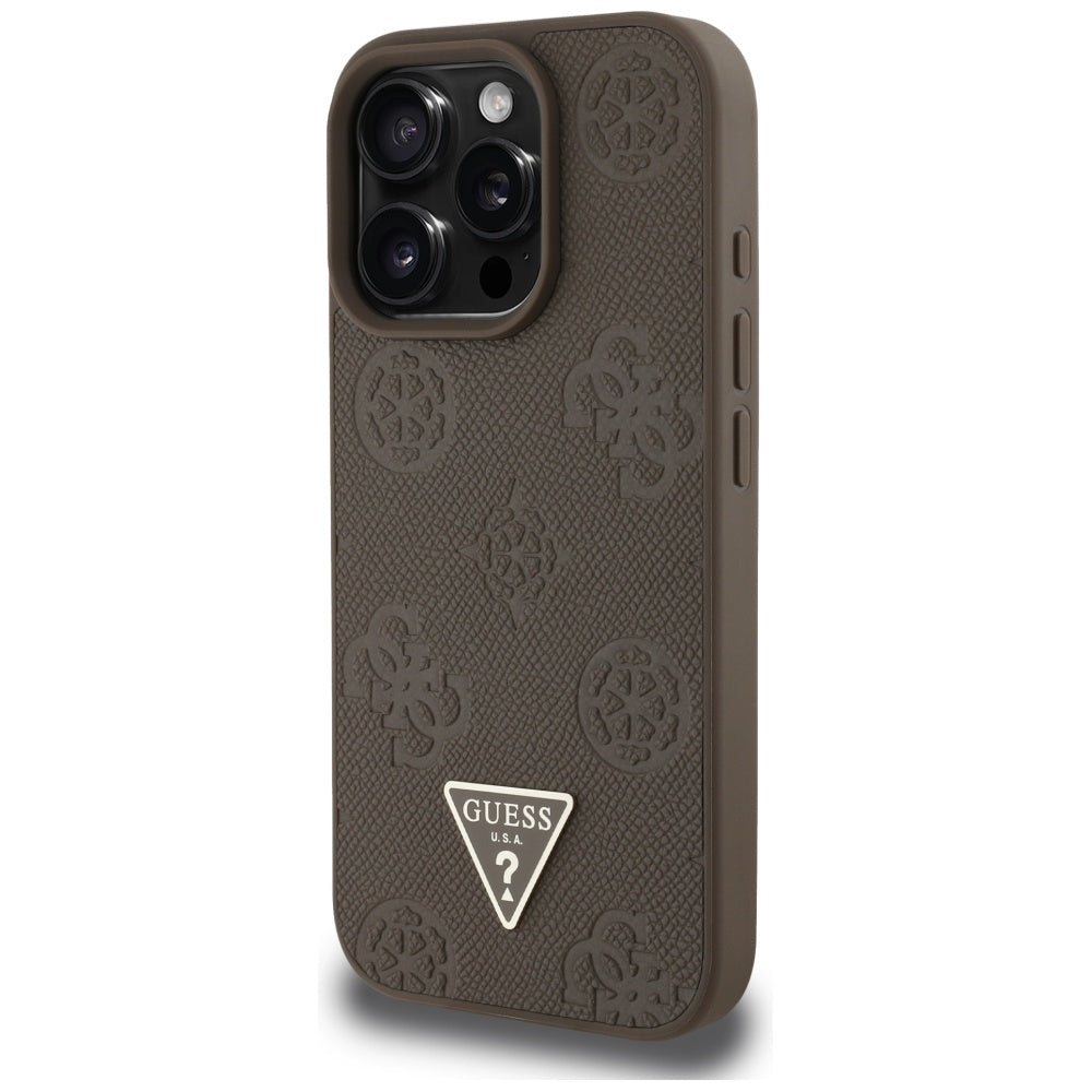 Husa MagSafe pentru Apple iPhone 16 Pro, Guess, Peony Grained Hot Stamp Triangle, Maro