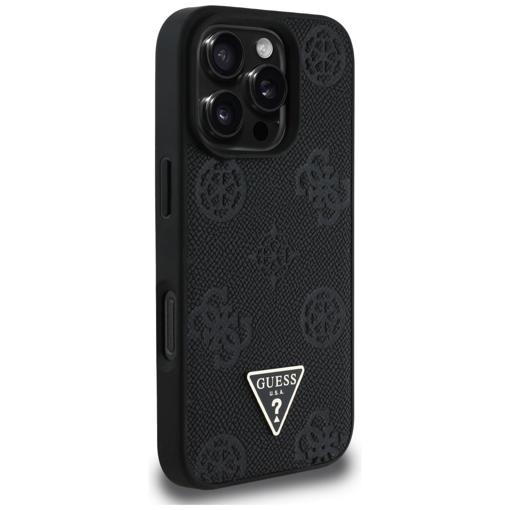 Husa MagSafe pentru Apple iPhone 16 Pro, Guess, Peony Grained Hot Stamp Triangle, Neagra