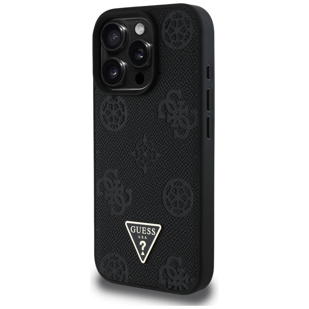 Husa MagSafe pentru Apple iPhone 16 Pro, Guess, Peony Grained Hot Stamp Triangle, Neagra