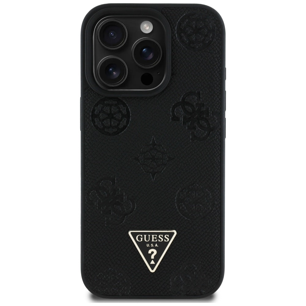 Husa MagSafe pentru Apple iPhone 16 Pro, Guess, Peony Grained Hot Stamp Triangle, Neagra