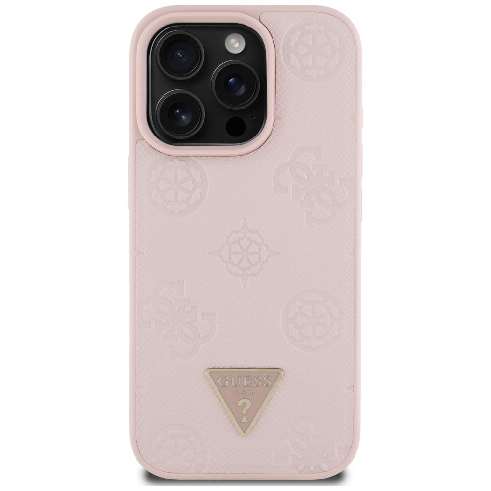 Husa MagSafe pentru Apple iPhone 16 Pro, Guess, Peony Grained Hot Stamp Triangle, Roz