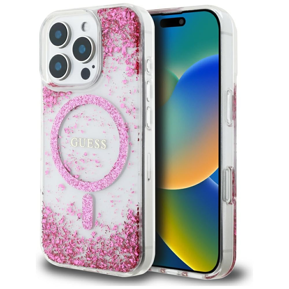 Husa MagSafe pentru Apple iPhone 16 Pro, Guess, Resin Bottom Glitter, Roz