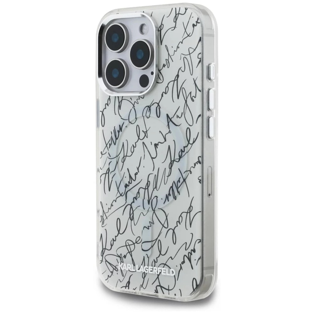 Husa MagSafe pentru Apple iPhone 16 Pro, Karl Lagerfeld, IML Karl Script Pattern, Alba