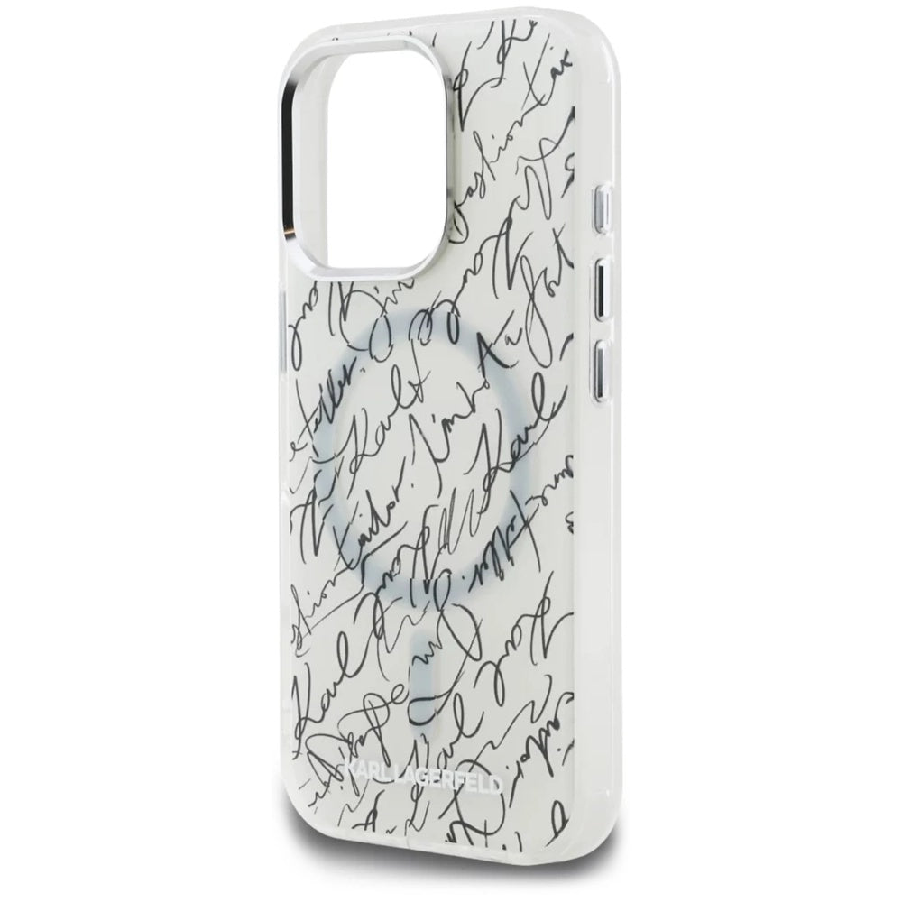 Husa MagSafe pentru Apple iPhone 16 Pro, Karl Lagerfeld, IML Karl Script Pattern, Alba