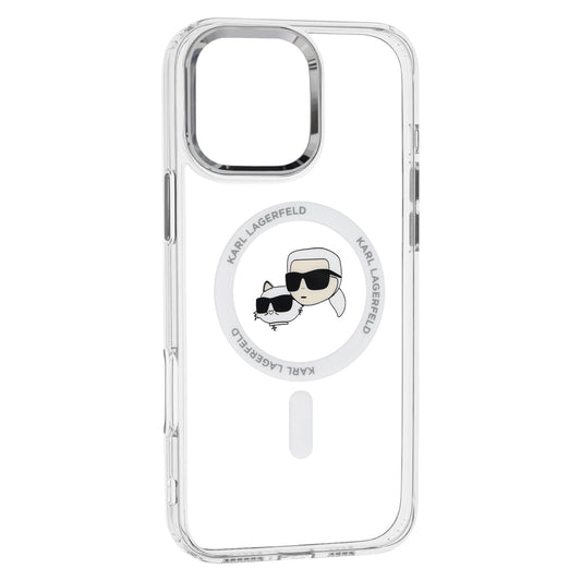 Husa MagSafe pentru Apple iPhone 16 Pro, Karl Lagerfeld, IML Metal Karl & Choupette's Heads, Alba