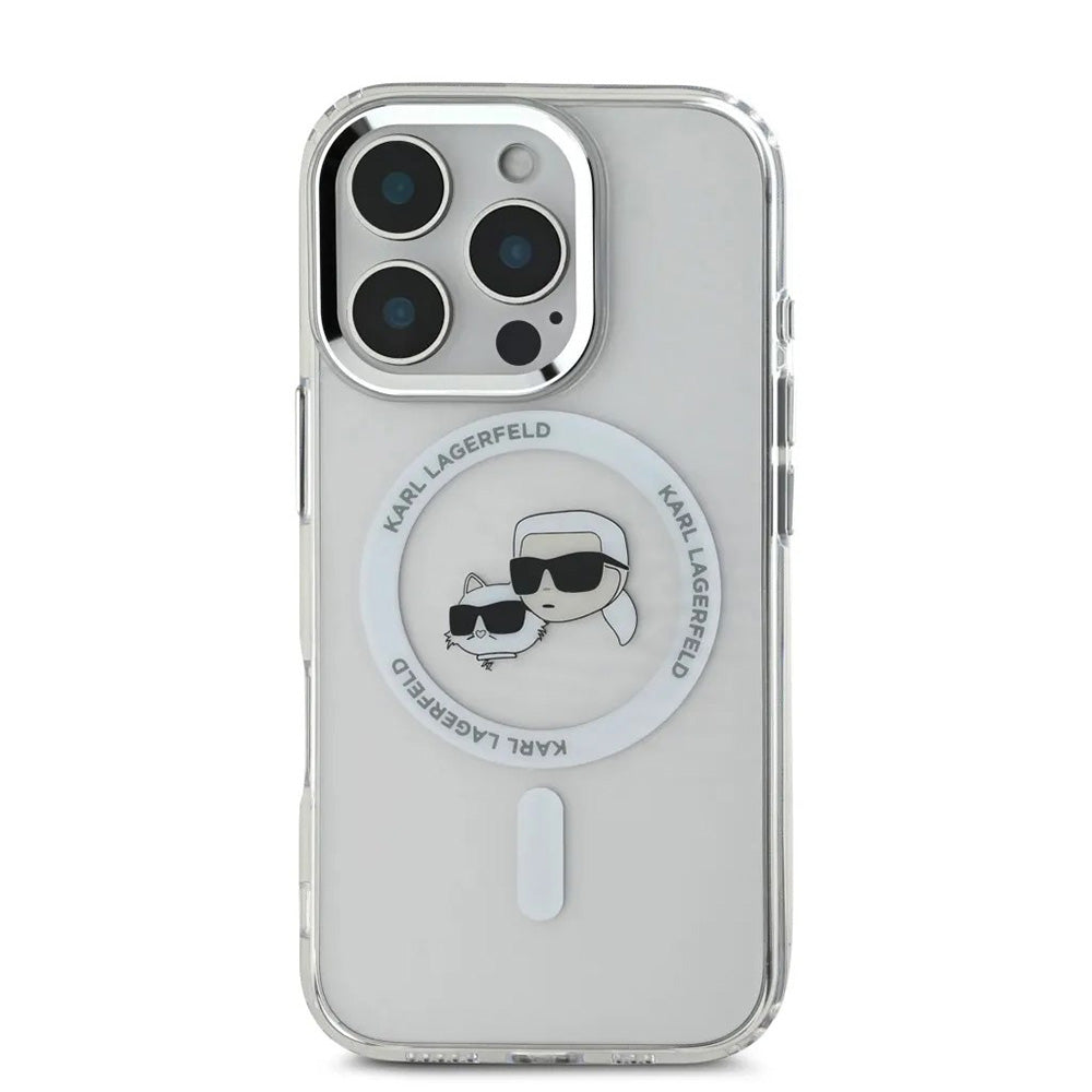 Husa MagSafe pentru Apple iPhone 16 Pro, Karl Lagerfeld, IML Metal Karl & Choupette's Heads, Alba