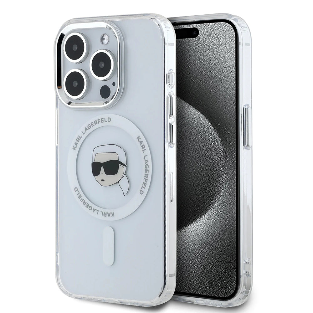 Husa MagSafe pentru Apple iPhone 16 Pro, Karl Lagerfeld, IML Metal Karl's Head, Alba