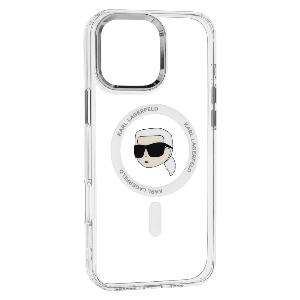 Husa MagSafe pentru Apple iPhone 16 Pro, Karl Lagerfeld, IML Metal Karl's Head, Alba