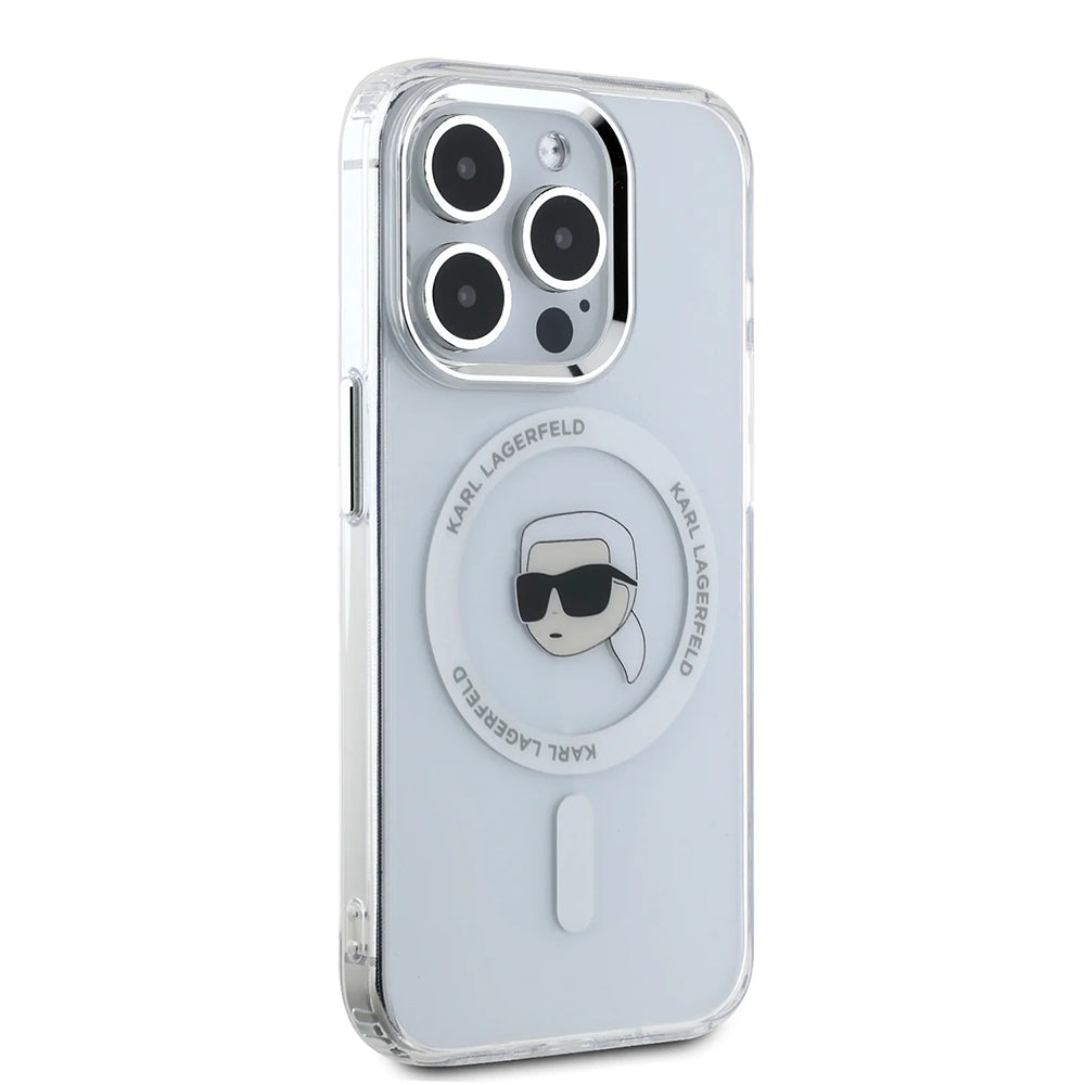 Husa MagSafe pentru Apple iPhone 16 Pro, Karl Lagerfeld, IML Metal Karl's Head, Alba