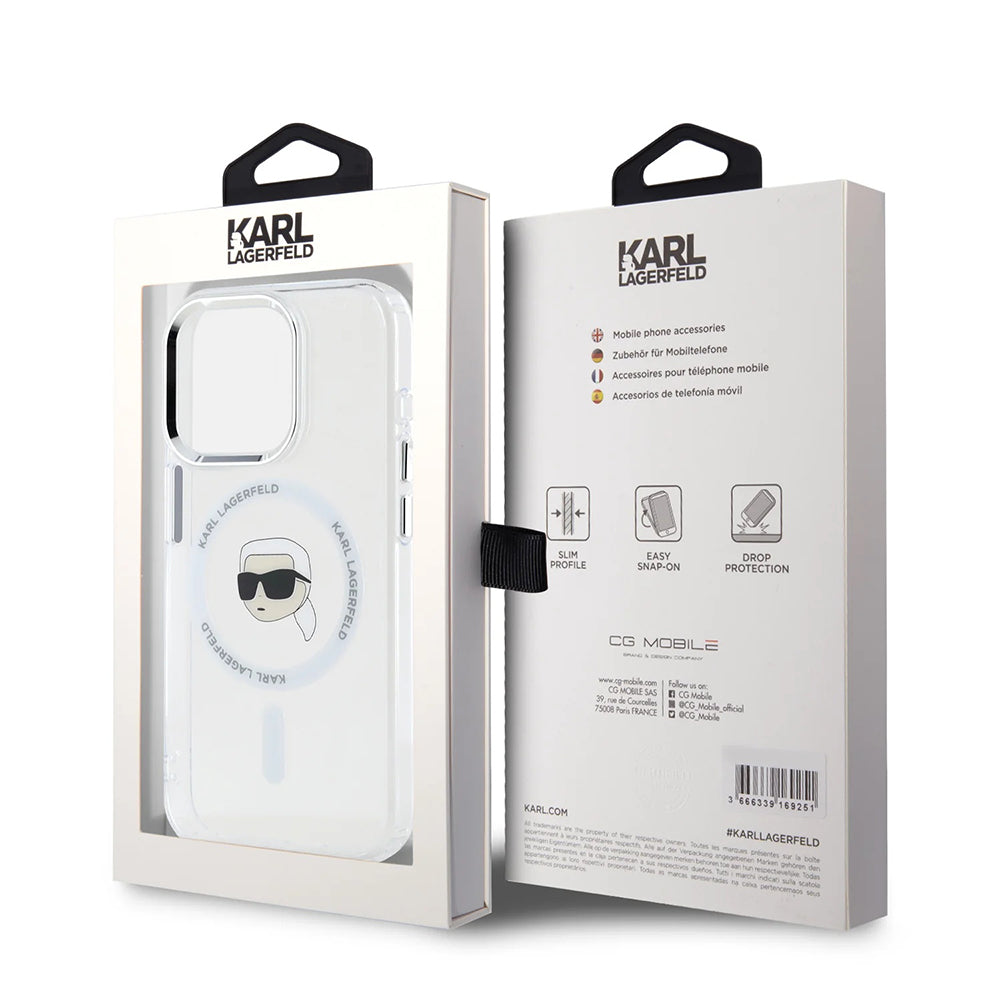 Husa MagSafe pentru Apple iPhone 16 Pro, Karl Lagerfeld, IML Metal Karl's Head, Alba