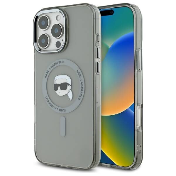 Husa MagSafe pentru Apple iPhone 16 Pro, Karl Lagerfeld, IML Metal Karl's Head, Neagra