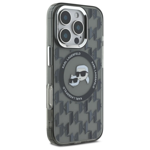 Husa MagSafe pentru Apple iPhone 16 Pro, Karl Lagerfeld, IML Monogram Karl & Choupette's Heads, Neagra