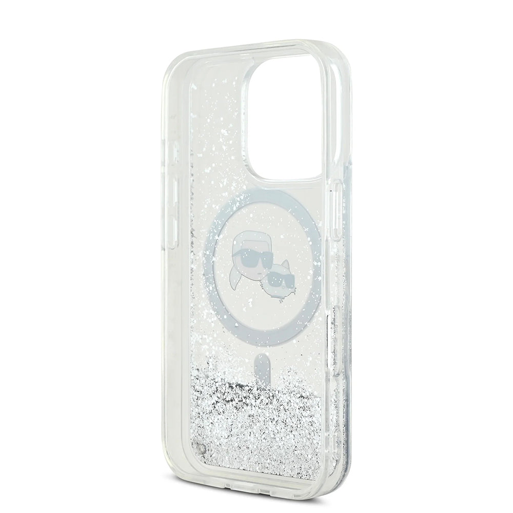 Husa MagSafe pentru Apple iPhone 16 Pro, Karl Lagerfeld, Liquid Glitter Karl & Choupette's Heads, Transparenta
