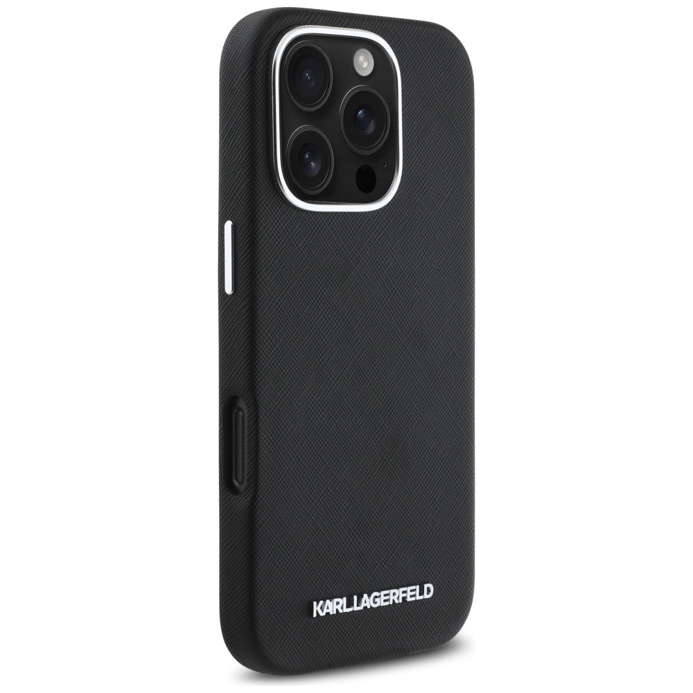 Husa MagSafe pentru Apple iPhone 16 Pro, Karl Lagerfeld, Saffiano Full Wrapped Elongated Metal Logo, Neagra