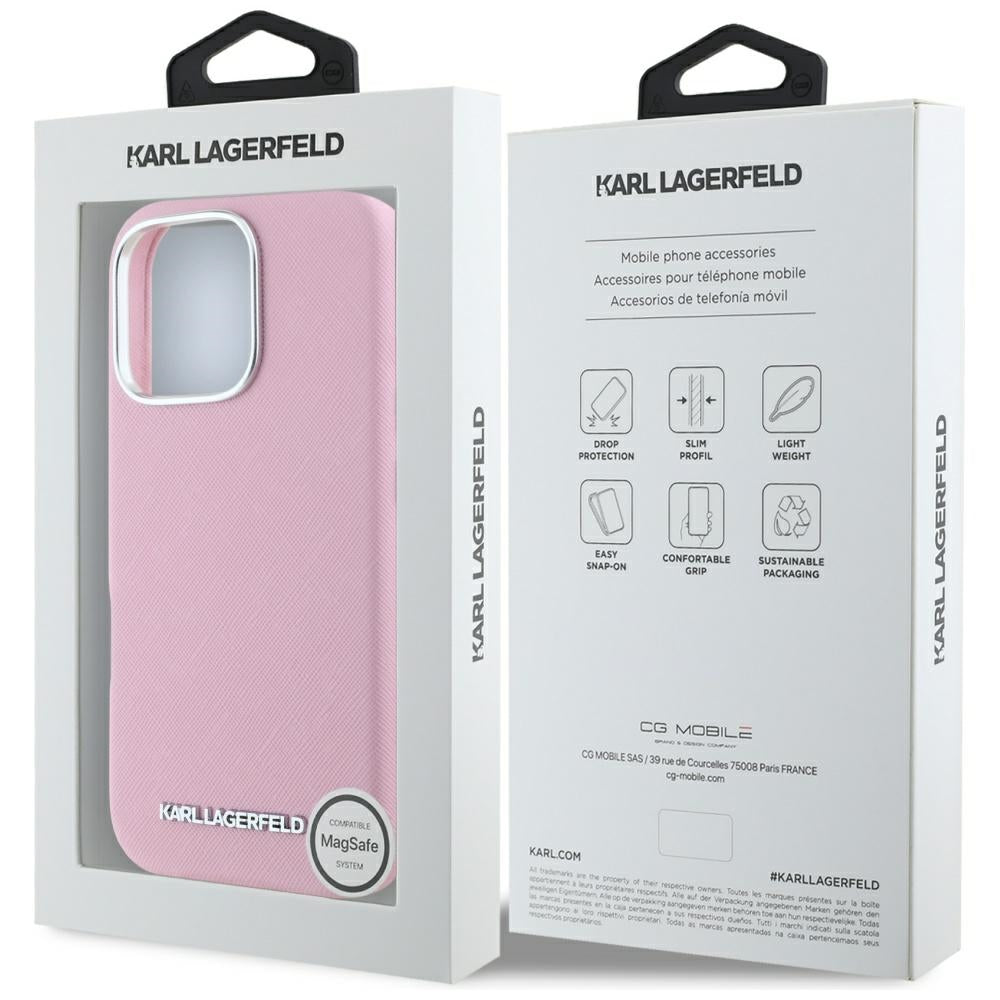 Husa MagSafe pentru Apple iPhone 16 Pro, Karl Lagerfeld, Saffiano Full Wrapped Elongated Metal Logo, Roz