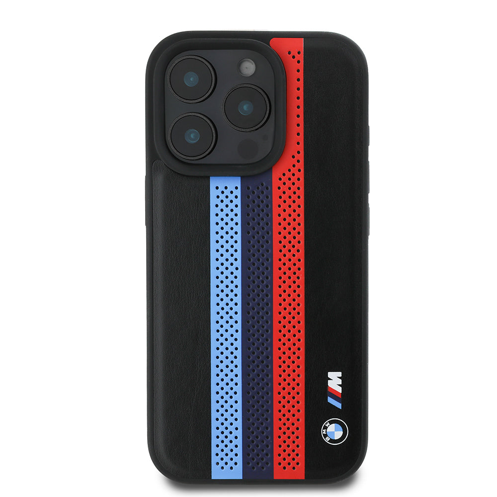 Husa MagSafe pentru Apple iPhone 16 Pro Max, BMW, Perforated M Perf. Tricolor Stripers, Neagra