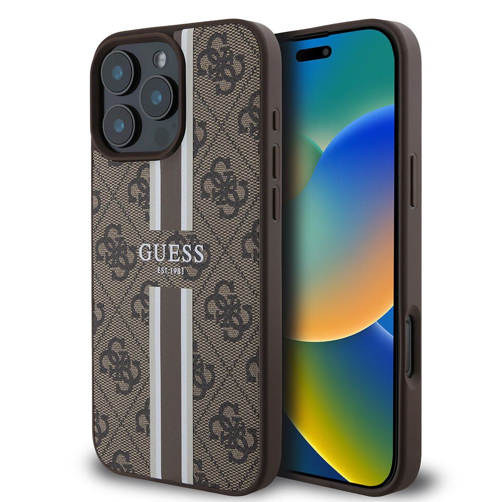 Husa MagSafe pentru Apple iPhone 16 Pro Max, Guess, 4G Printed Stripes, Maro
