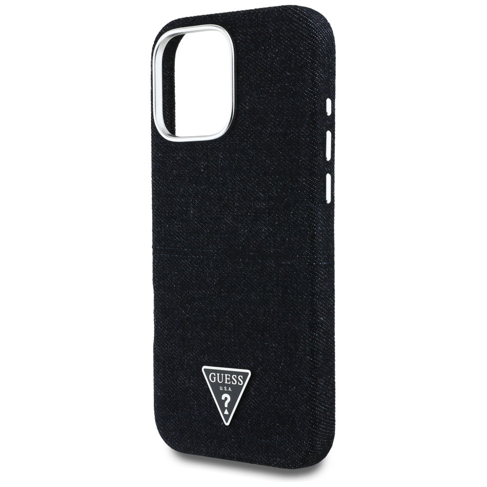 Husa MagSafe pentru Apple iPhone 16 Pro Max, Guess, Denim Triangle Logo, Neagra