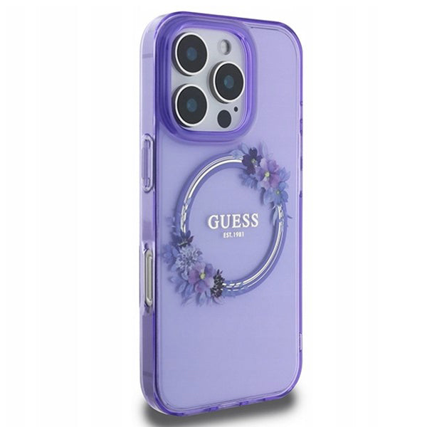 Husa MagSafe pentru Apple iPhone 16 Pro Max, Guess, IML Flowers Wreath, Mov